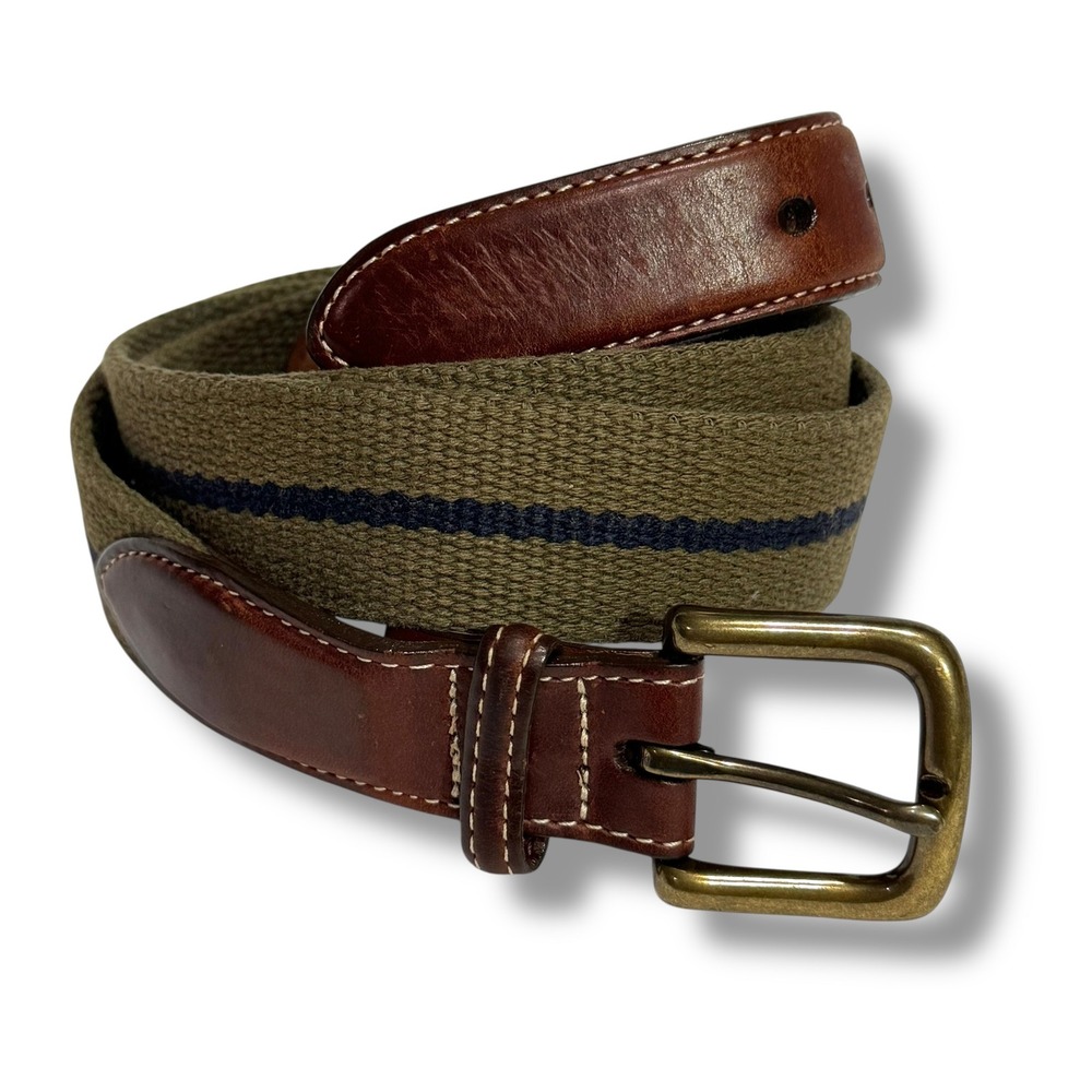 Vintage Orvis Webbed Belt Olive Green Canvas Leather Trim Brass Buckle USA 40